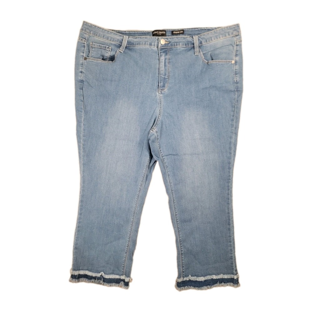 Susan Graver Jeans Womens 24WP Straight Leg Step Hem Fringe Ankle Denim Blue 24